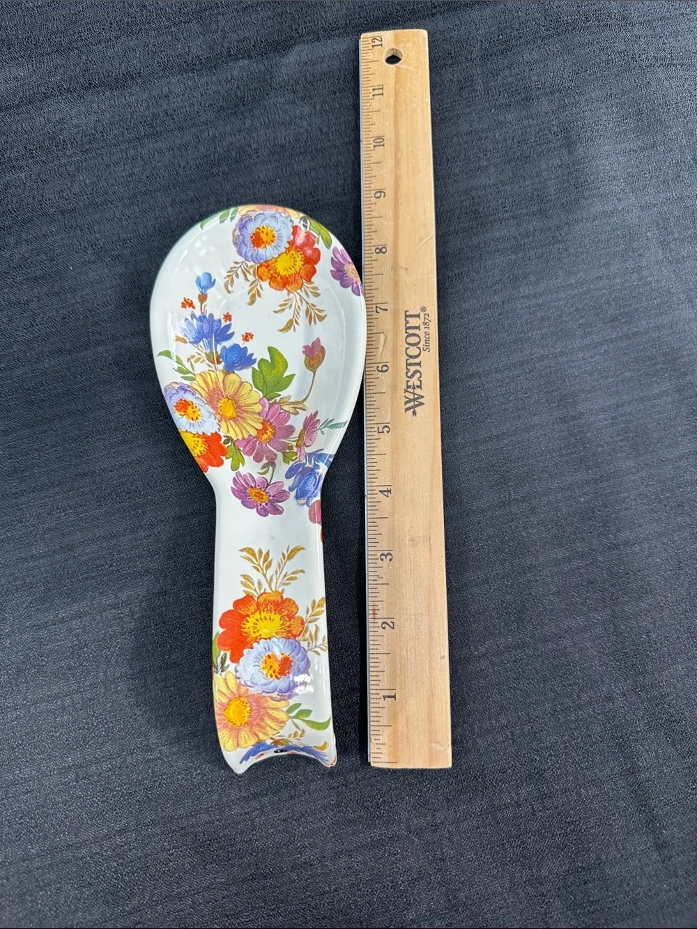 MacKenzie-Childs White Flower Market Set Colander & Spoon Rest Metal Enamelware